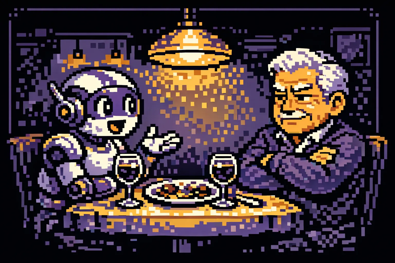 A small humanoid robot and a grey-haired man sit across a dinner table with wine glasses between them; the robot leans in gesturing, the man sits back with arms crossed.