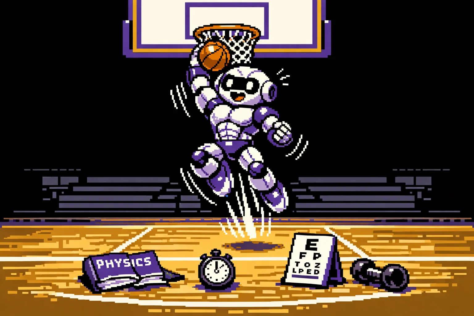 A muscular humanoid robot suspended mid-dunk at a basketball hoop, with a physics textbook, stopwatch, eye chart, and dumbbell scattered on the floor beneath it.