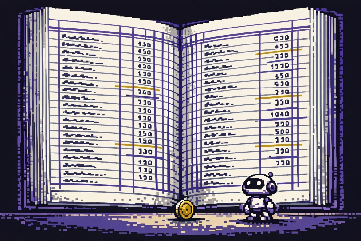An enormous open ledger standing upright like a wall, dwarfing a single tiny coin on a table where a small humanoid robot looks up at it.