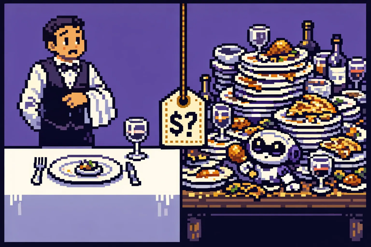 A nearly empty plate beside a table piled high with stacks of plates, both sharing one identical small price tag while the bill is nowhere in sight.