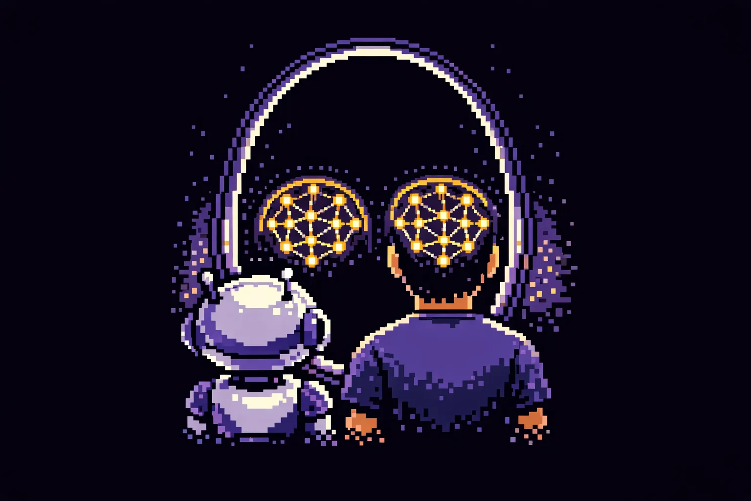 A humanoid robot and a human standing side by side before an oval mirror; the reflection shows an identical glowing lattice of nodes and threads inside each figure.